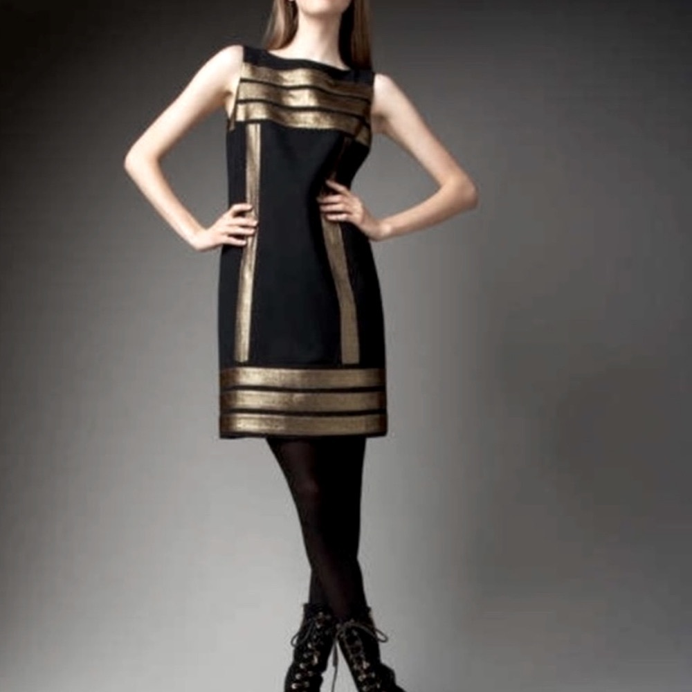 Tory Burch Simca Gold Lame’ Trim Crepe Black Dress Size 2